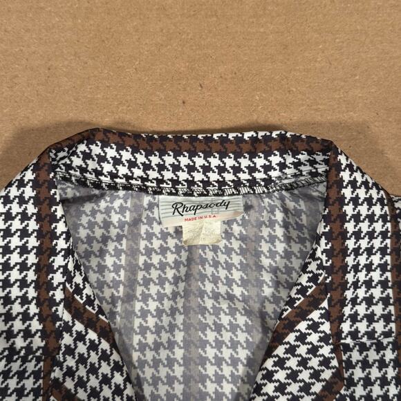Vintage 70s Rhapsody Houndstooth Blouse Sz 40 Made in USA Brown Retro Disco Top - Picture 7 of 8